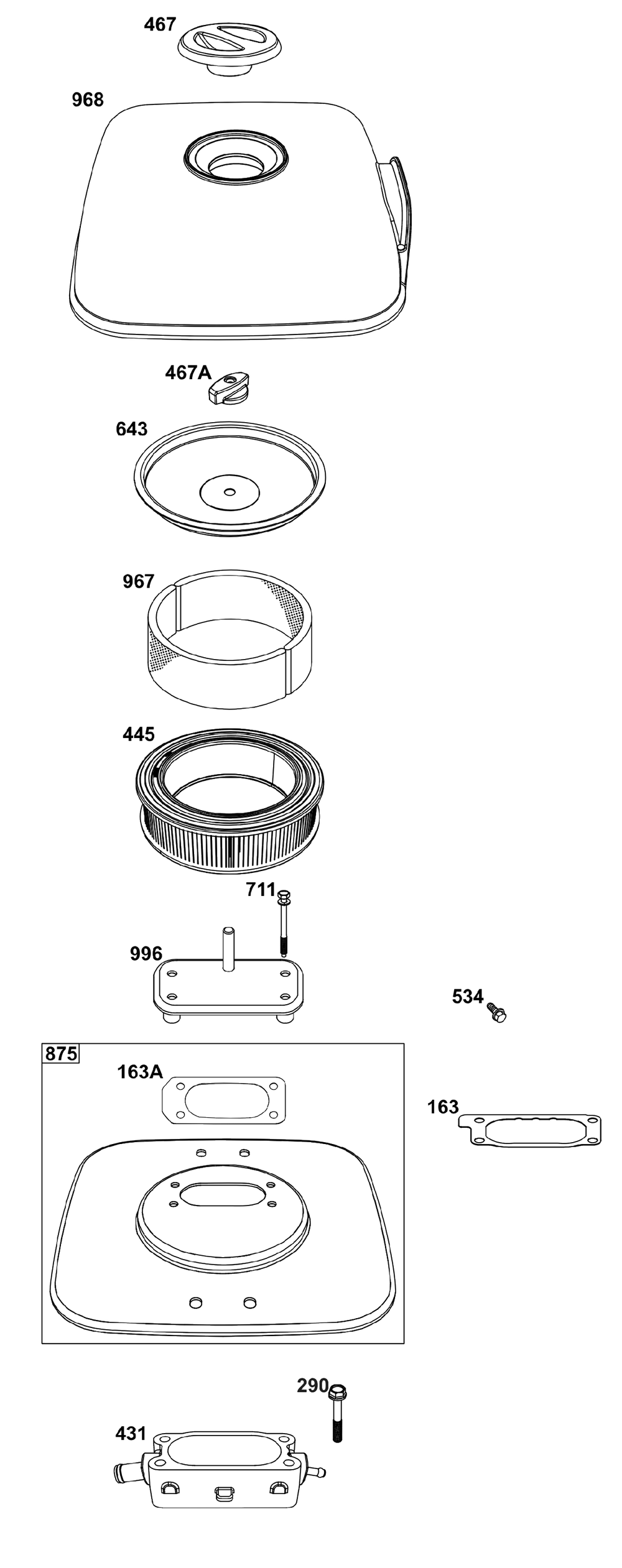 Air Cleaner Group Diagram and Parts List for 61E377-0058-J1 400000 - 699999 Briggs and Stratton Engine